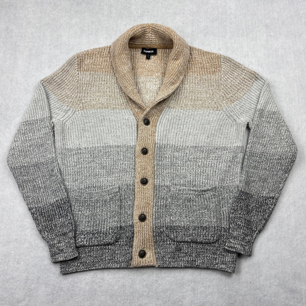 Express Cardigan Sweater Mens Large Ombre Tan Grey Heavy Cotton Knit Shawl L